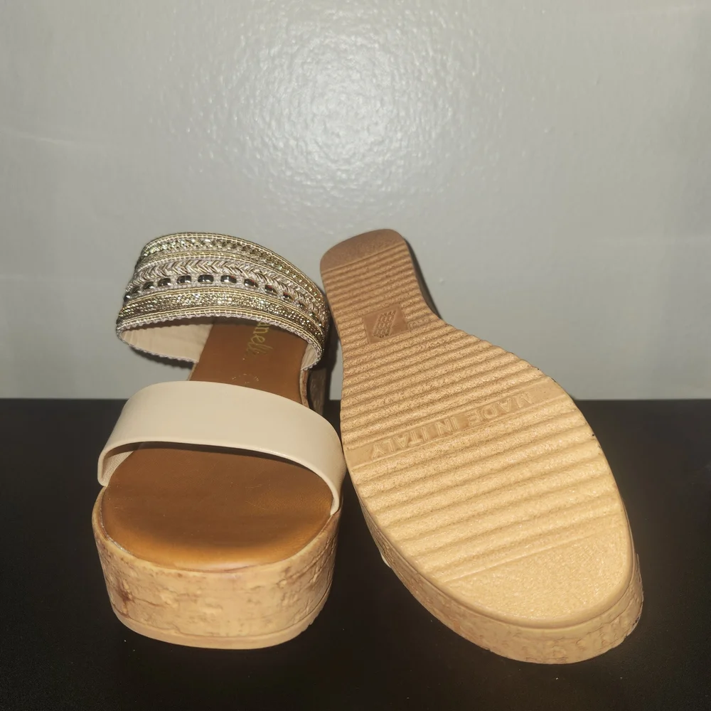 Wedge Sandal with Embellished Strap - Cream